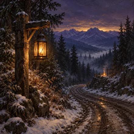 Oil painting of a lantern beside Greywater’s cold coach road, with dark pines and a distant watchfire beneath violet dusk.
