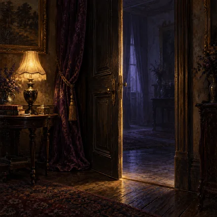 Oil painting of a half-open dark wooden doorway, with amber lamplight on the threshold fading into blue-violet shadow.