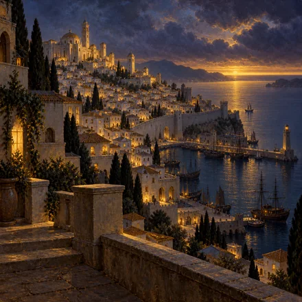 Oil painting of crowded whitewashed harbour terraces and pale-glass roofs catching a narrow golden horizon in the light-band.