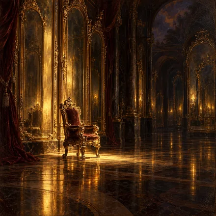 Oil painting of Court Solmere’s gilded mirror hall holding a narrow pool of warm light around an empty carved chair.