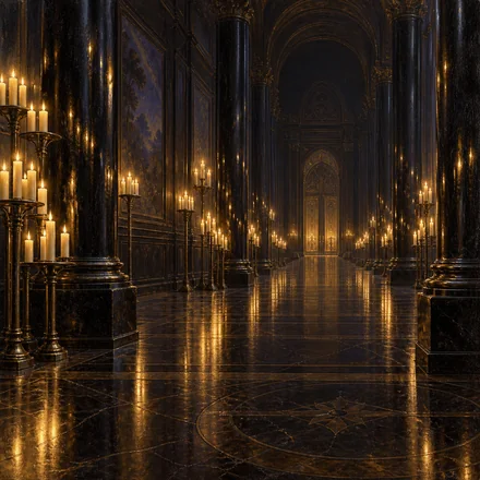 Oil painting of Court Vespertine’s black-glass pillars reflecting ranks of gold candles in tall iron stands.