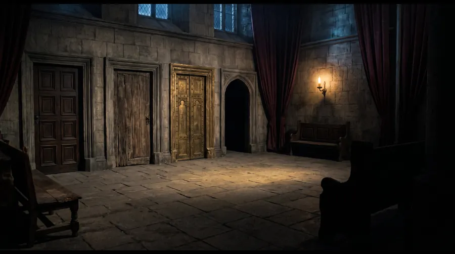 A court antechamber with four tall closed doors of different materials.