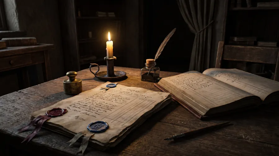A sealed treaty and an open ruled ledger on a desk, lit by one candle.