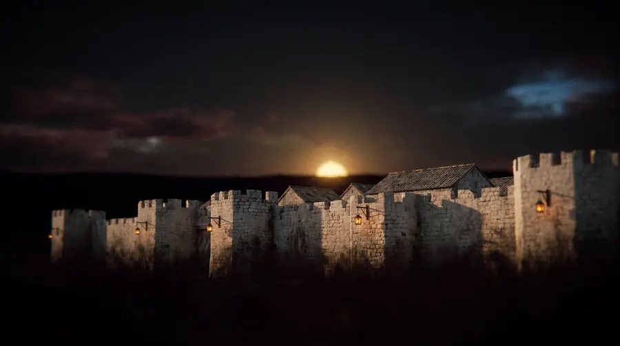 A walled daylight city at dusk, the land beyond the walls entirely dark.