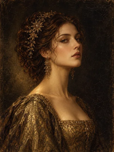 Historical oil portrait of Aurelisse of Solmere, chestnut hair beneath a gold headpiece, wearing an antique gold gown.