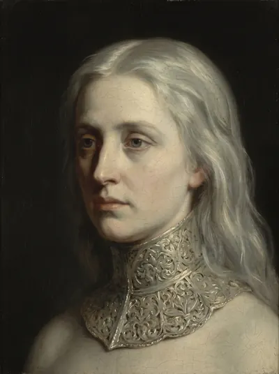 Portrait of a luminous queen in pale ceremonial dress, lit from within.