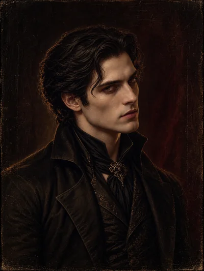 Historical oil portrait of Corvain Duskmantle, pale and dark-haired, in black aristocratic tailoring with a gold fastening.