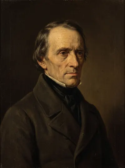 Portrait of a gaunt dark-haired lord in a high black collar.