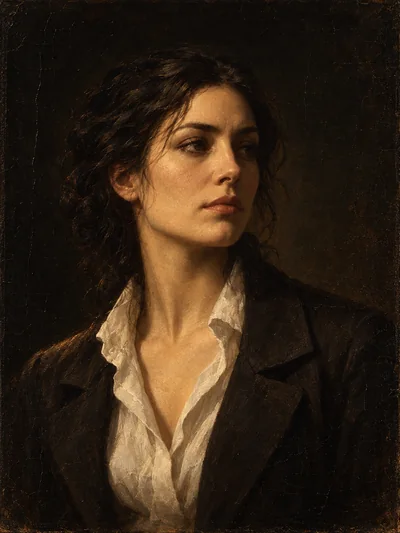 Historical oil portrait of Elise Vess, an adult archivist with loosely pinned dark hair, wearing an ivory blouse and dark jacket.