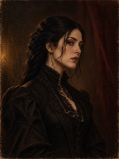 Historical oil portrait of Ivenne Duskmantle, pale and dark-haired, in black lace with reading spectacles at her neckline.