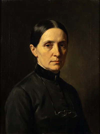 Portrait of a pale composed woman in severe black, hair drawn back.