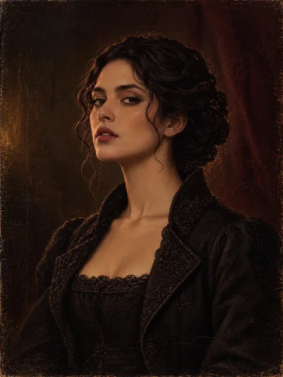 Historical oil portrait of Liora Vess, dark hair loosely pinned, wearing a tailored black coat over a lace bodice.