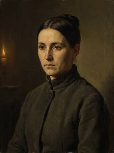 Portrait of a young woman with dark hair pinned back, in a plain high-collared coat.