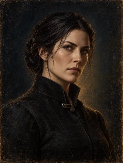 Historical oil portrait of Maren Callow, dark hair braided back and an assessing gaze, in a tailored official coat with a steel clasp.