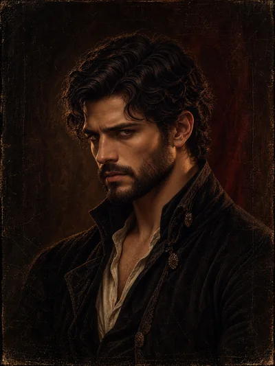 Historical oil portrait of Rhen Marrow, dark wavy hair and a short beard, wearing a velvet coat over an open linen collar.