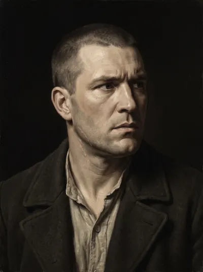Portrait of a broad-shouldered man with cropped hair and a scarred jaw.