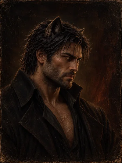 Historical oil portrait of Sarn Veilborn, amber eyes, tousled dark hair and wolf ears, wearing an open dark coat.