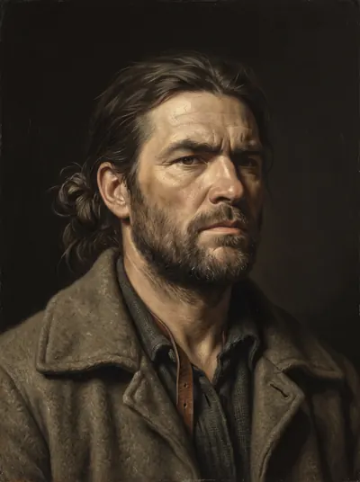 Portrait of a weathered man with long hair and a heavy collar, turned to the side.