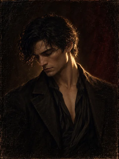 Historical oil portrait of Vael, a dark-haired adult with a lean face, in an open dark shirt and coat against deep shadow.