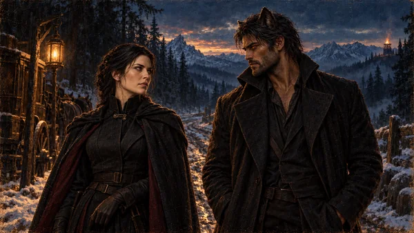 Oil painting of Maren Callow and Sarn Veilborn on a cold border road beside dark pines, watching one another in lantern light.
