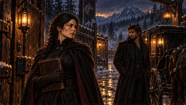 Maren and Sarn stand on opposite sides of a border gate.