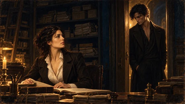 Oil painting of adult archivist Elise Vess at her desk and Vael waiting across a doorway in the dark, an open ledger between lamplight and shadow.