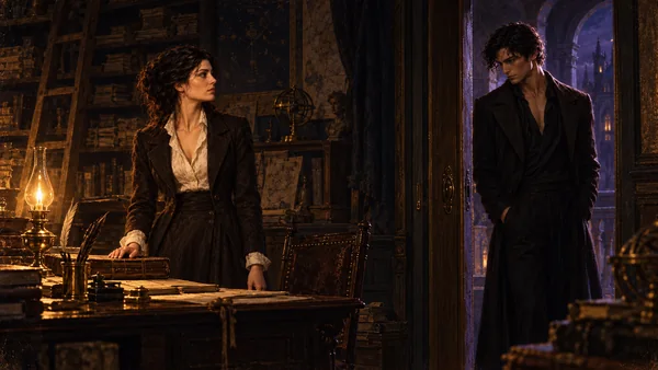 Adult Elise looks up from her archive toward Vael in the doorway.