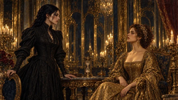 Oil painting of Ivenne Duskmantle and Queen Aurelisse facing one another in Solmere’s gilded hall of mirrors, black lace against antique gold silk.