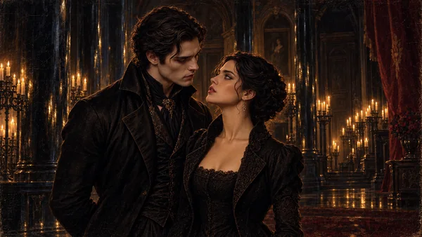 Oil painting of Liora Vess and Corvain Duskmantle facing one another among black-glass pillars and ranked candles at Court Vespertine.