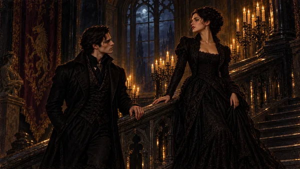 Liora and Corvain face one another across a candlelit stair.