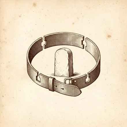 An engraved emblem: an unbuckled collar laid open in a ring, notched four times.