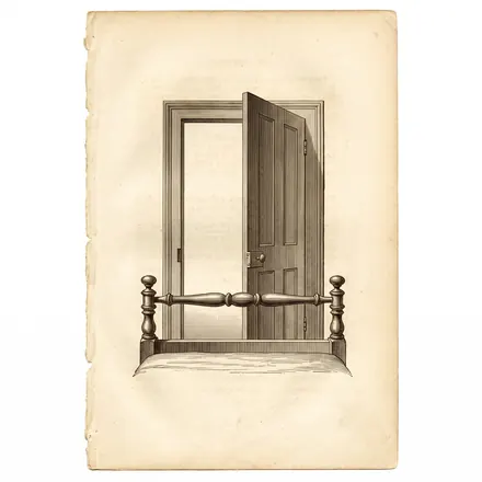 An engraved emblem: an open doorway with nothing behind it, above the foot rail of a bed.