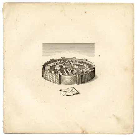 An engraved emblem: a walled town under a narrow strip of daylight, a folded lot beneath it.