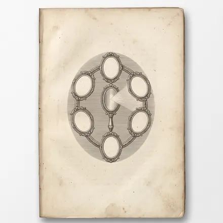 An engraved emblem: one hand mirror holding a ray, ringed by empty mirrors.