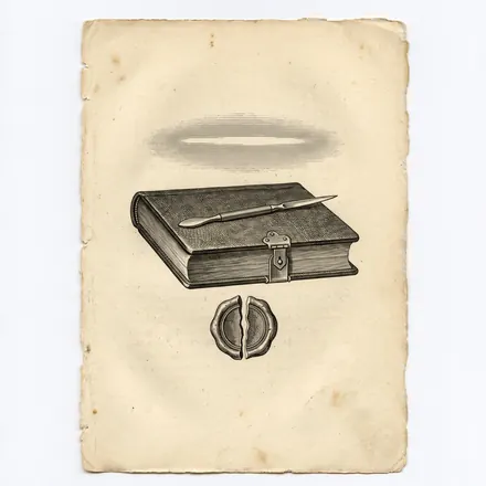 An engraved emblem: a lancet laid across a closed ledger above a broken wax seal.
