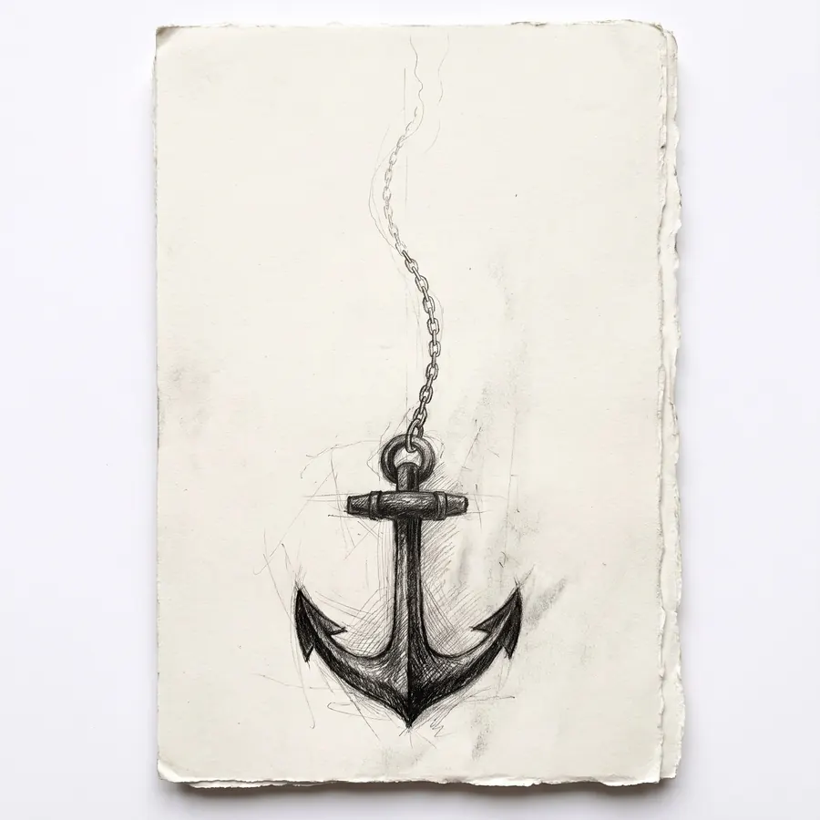 A pencil study of a ship's anchor on a fine chain, the chain drawn worryingly thin.
