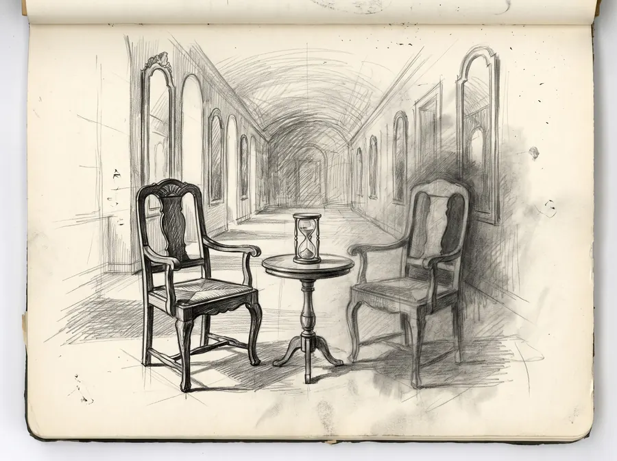 A pencil study of two facing chairs in a mirrored hall, one lit and one in shadow.