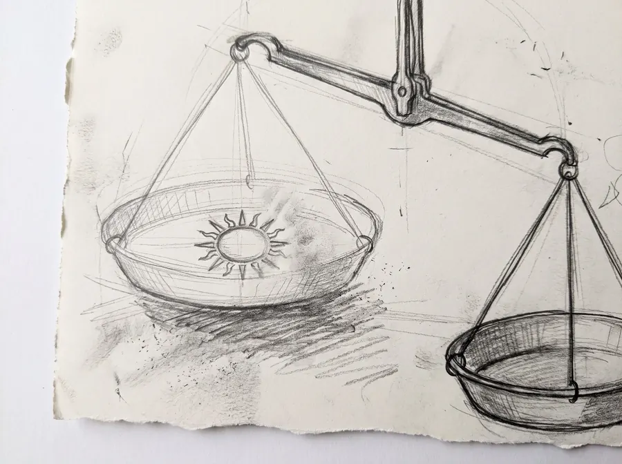A pencil study of a balance scale with a sun on one pan and an empty pan opposite.
