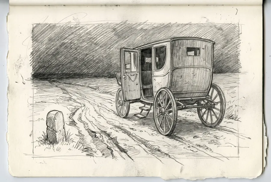 A pencil study of an empty coach on a road running out toward a dark horizon.