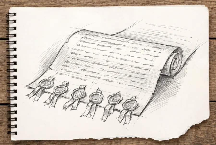 A pencil study of a long folded treaty document with many seals along its lower edge.