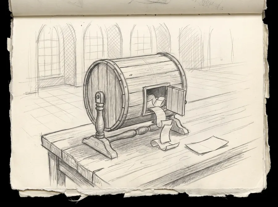 A pencil study of a lottery drum on a table with folded slips of paper spilling from it.