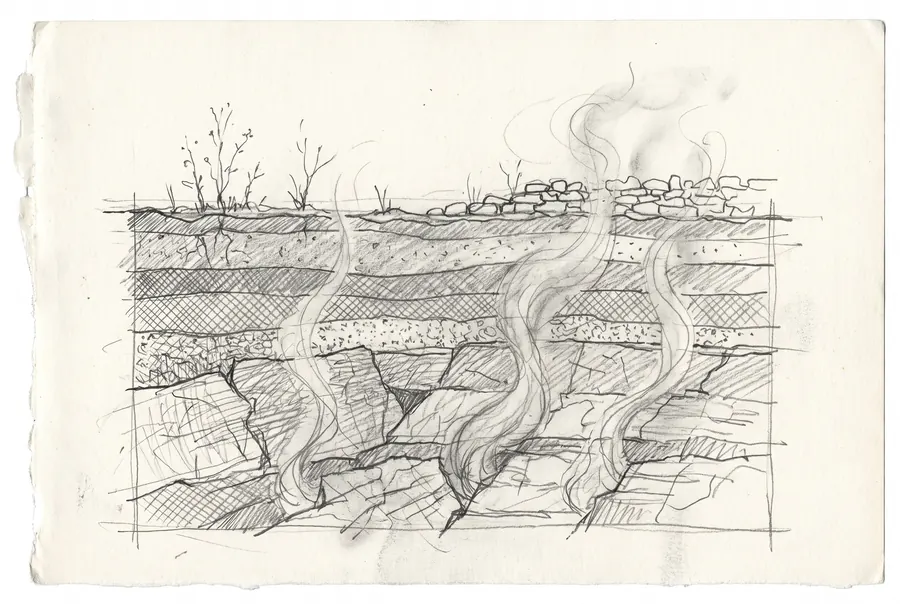 A pencil section through soil with warmth rising from below toward a cold surface.