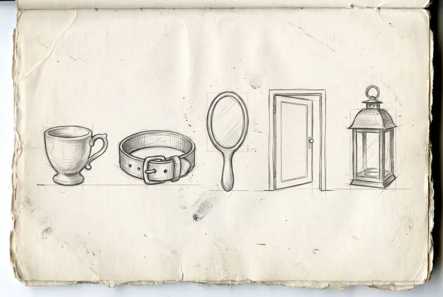 A pencil specimen sheet of five objects — a cup, a collar, a mirror, an open door and a lantern.