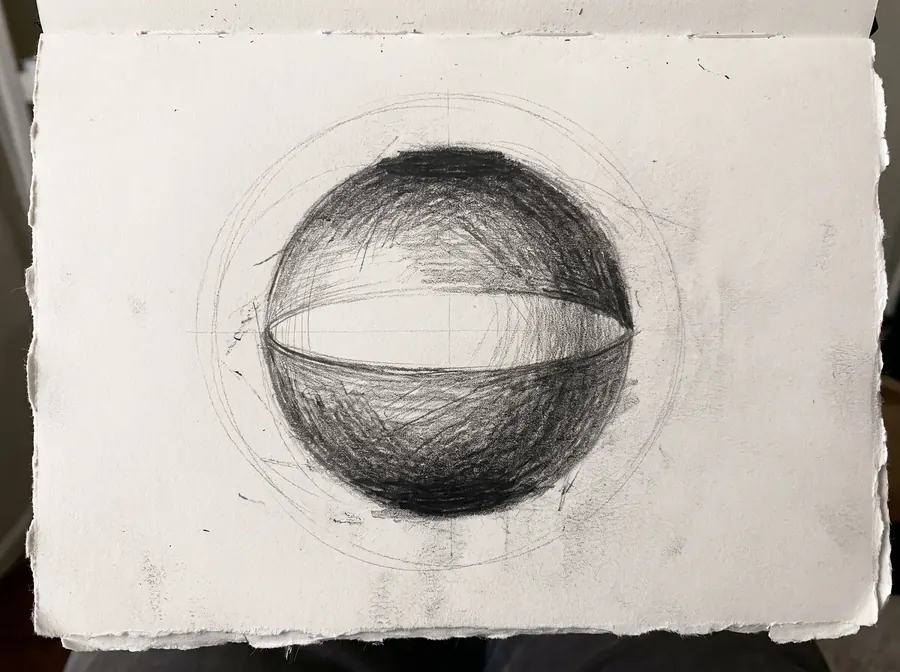 A pencil study of a globe in section, a narrow belt of light around its middle and dark spreading from both poles.