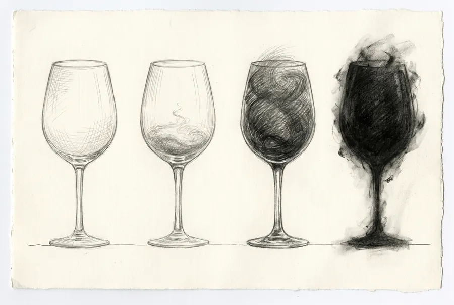 A pencil sequence of a wine glass in four stages, its contents darkening and clouding.