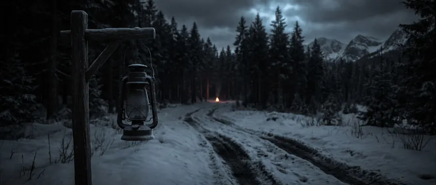 A snowbound road at the edge of a black pine forest, wheel ruts leading away.