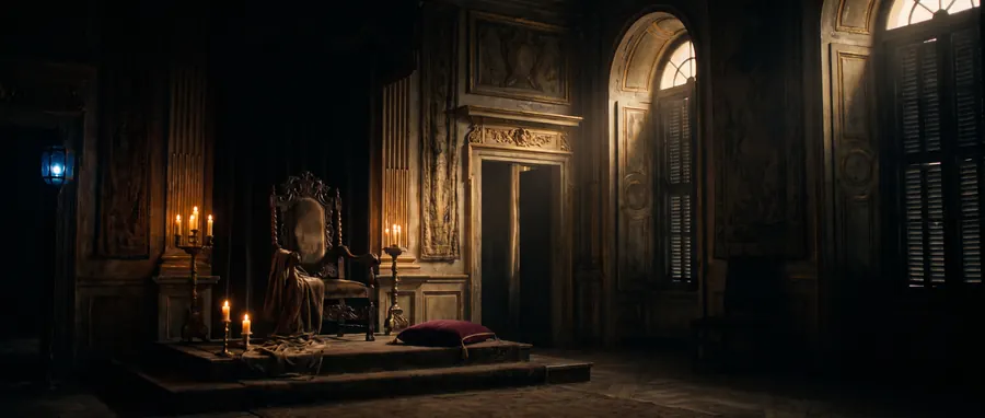A gilded palace hall with shuttered windows and an empty carved chair.