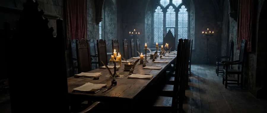 A great hall laid for a gathering, first grey light at the far windows.