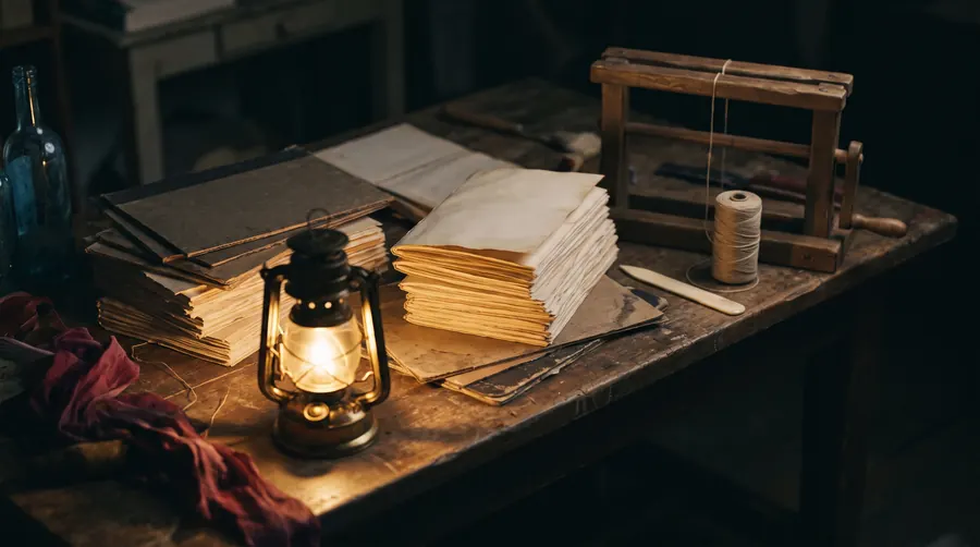 A bindery bench: folded printed signatures, thread, and a stitching frame.