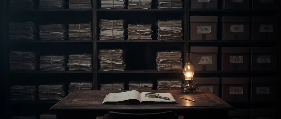 An estate muniment room of document bundles, one lamp, one gap on a shelf.